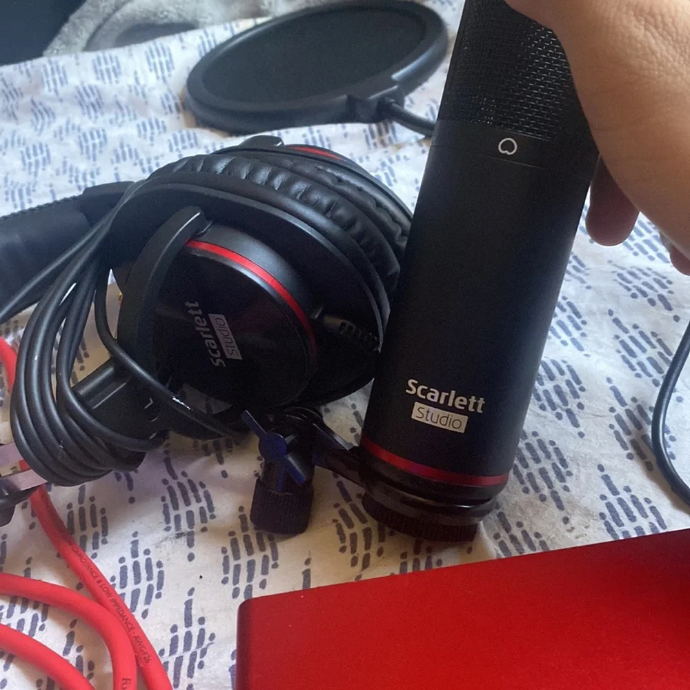 scarlett interface, headset, and microphone. color red. brand new, opened box.